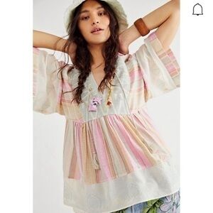 Free People  boho Skye Embroidered colorful Fun striped Tunic Top RARE!